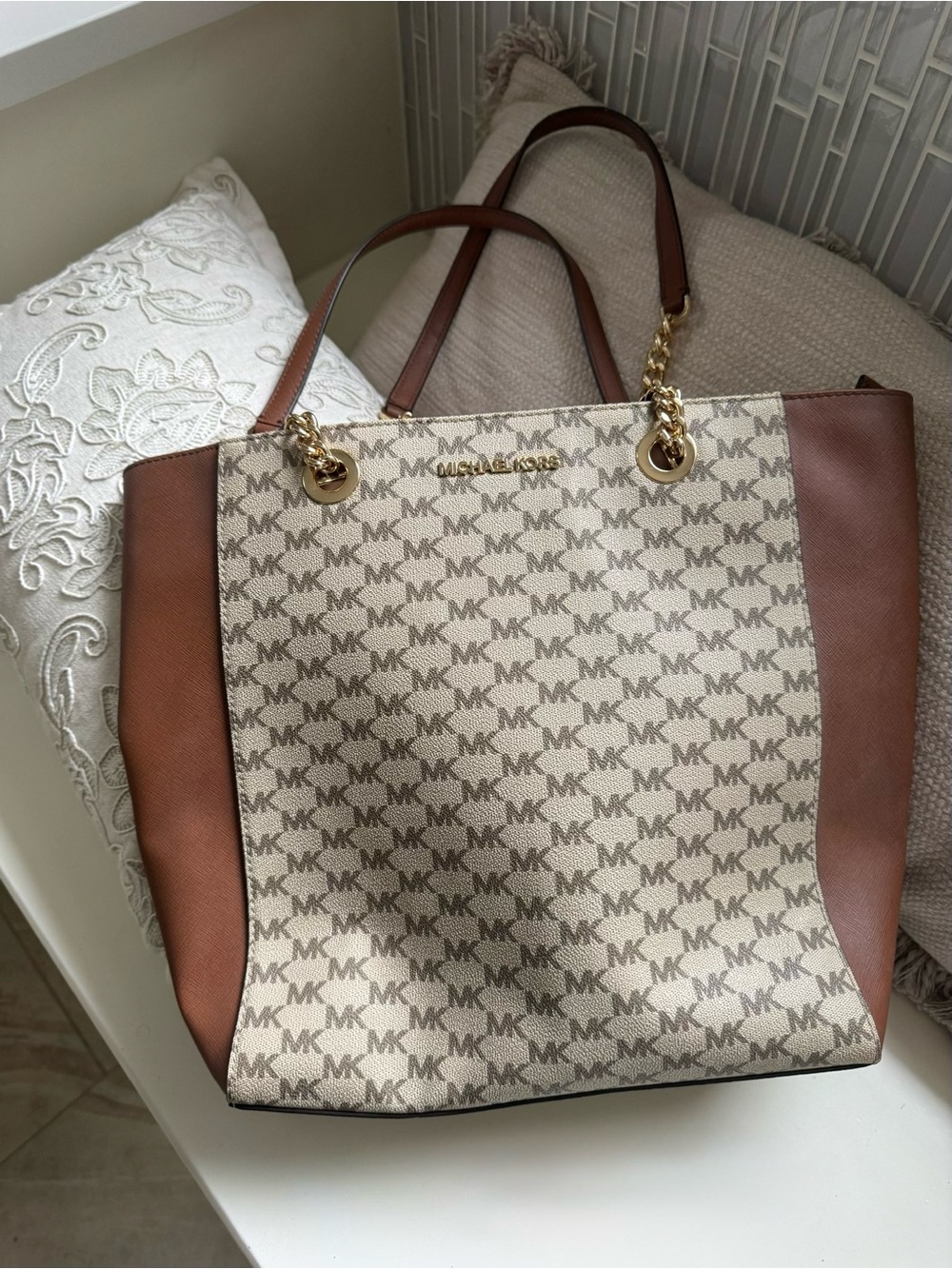 Michael Kors Beige & Brown MK Logo Tote with Gold Hardware
